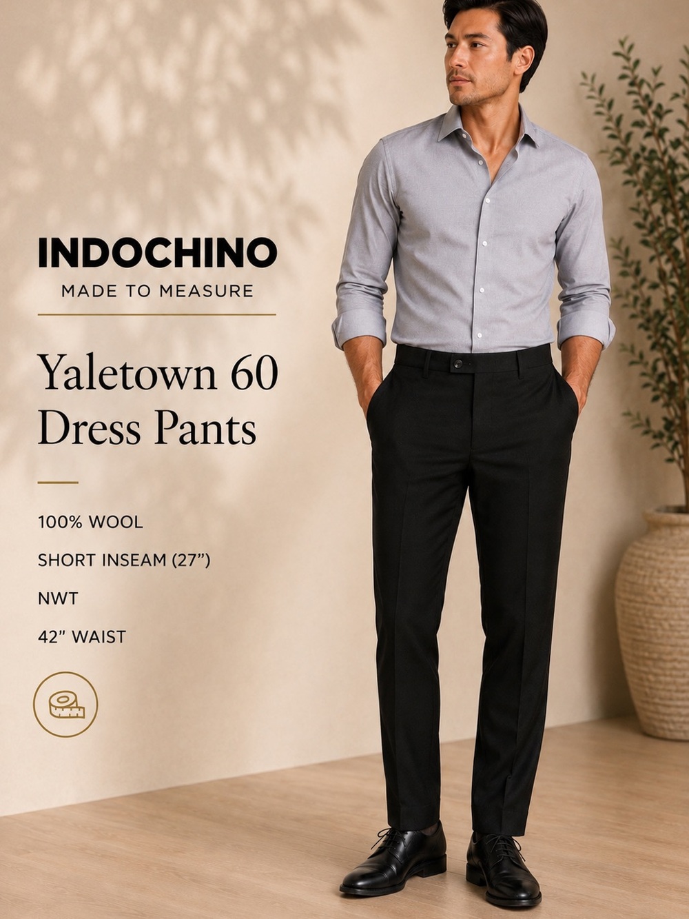 Indochino Yaletown 60 Black 100% Wool Dress Pants 42 Waist 27 Inseam NWT